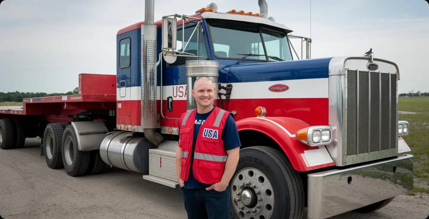 Driver in a safety vest standing beside his truck and flatbed trailer